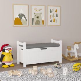 Kids Toy Box Chest, White Toy Box For Boys Girls, Large Storage Cabinet With Cushion Seat Bench Flip-Top Lid Safety Hinge, Toy Storage Organizer Trunk