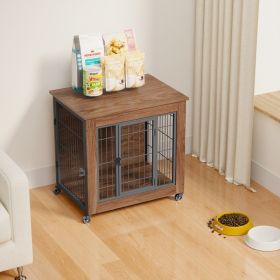 27.2 Dog Crate Furniture With Wheels For Small Dogs, Heavy Duty Dog Kennel Indoor With 2 Doors, Wooden Pet Cage End Table, Double-Doors Sturdy Metal D