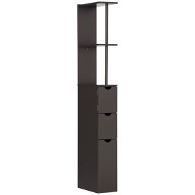 54" Tall Bathroom Storage Cabinet, Freestanding Linen Tower with 2-Tier Shelf and Drawers, Narrow Side Floor Organizer, Brown
