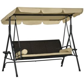 3-Seat Patio Swing Chair, Outdoor Canopy Swing Glider with Removable Cushion, Pillows, Adjustable Shade, and Rattan Seat, for Porch, Garden, Poolside