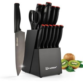 15-Piece Knife Set, High Carbon Stainless Steel Imported From Germany, Beveled Mercerized Blade, Black Titanium Stainless Steel Knives Block Set With