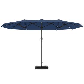 Garden Parasol 14.4ft Double-Sided Sun Umbrella With Base, Patio Parasol With LED Solar Lights, Navy Blue (Color: Navy Blue)