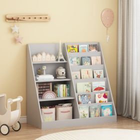 Kids Bookshelf And Toy Storage Organizer, Multifunctional 4 Tier Wooden Kids Book Shelf With  Bookcase Display Stand In Kids Room Playroom Nursery For (Option: Gray)
