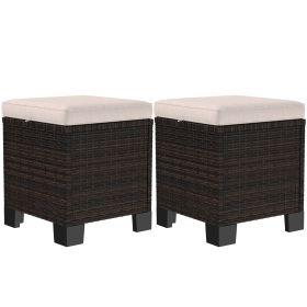 2 Piece Wicker Outdoor Ottomans With Cushions, Rattan Ottoman Footrest And Side Table For Patio, Yard, Poolside, Cream (Option: Cream)