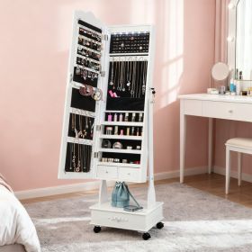 Rolling Floor Standing Mirrored Jewelry Armoire With Lock And Drawers (Option: White)