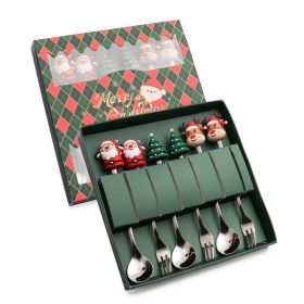6pcs /Pack Christmas Cartoon Shape Stainless Steel Tableware (Color: Silver, Options: Style C Spoon Fork+Green Box)